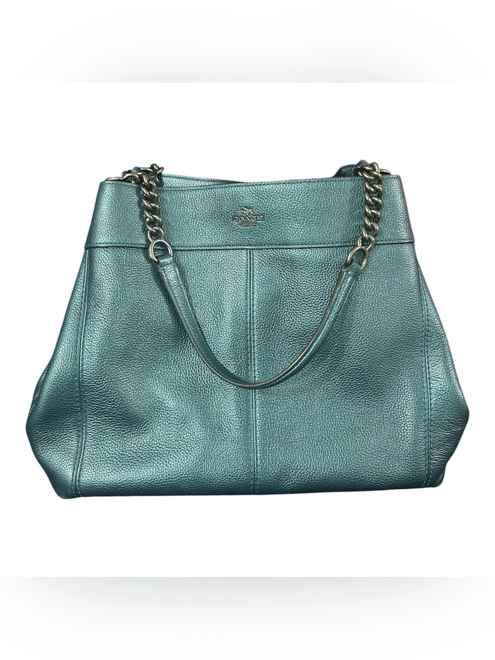 Coach Lexy Metallic Peacock Blue Teal Pebbled Leather Chain Shoulder Bag Purse